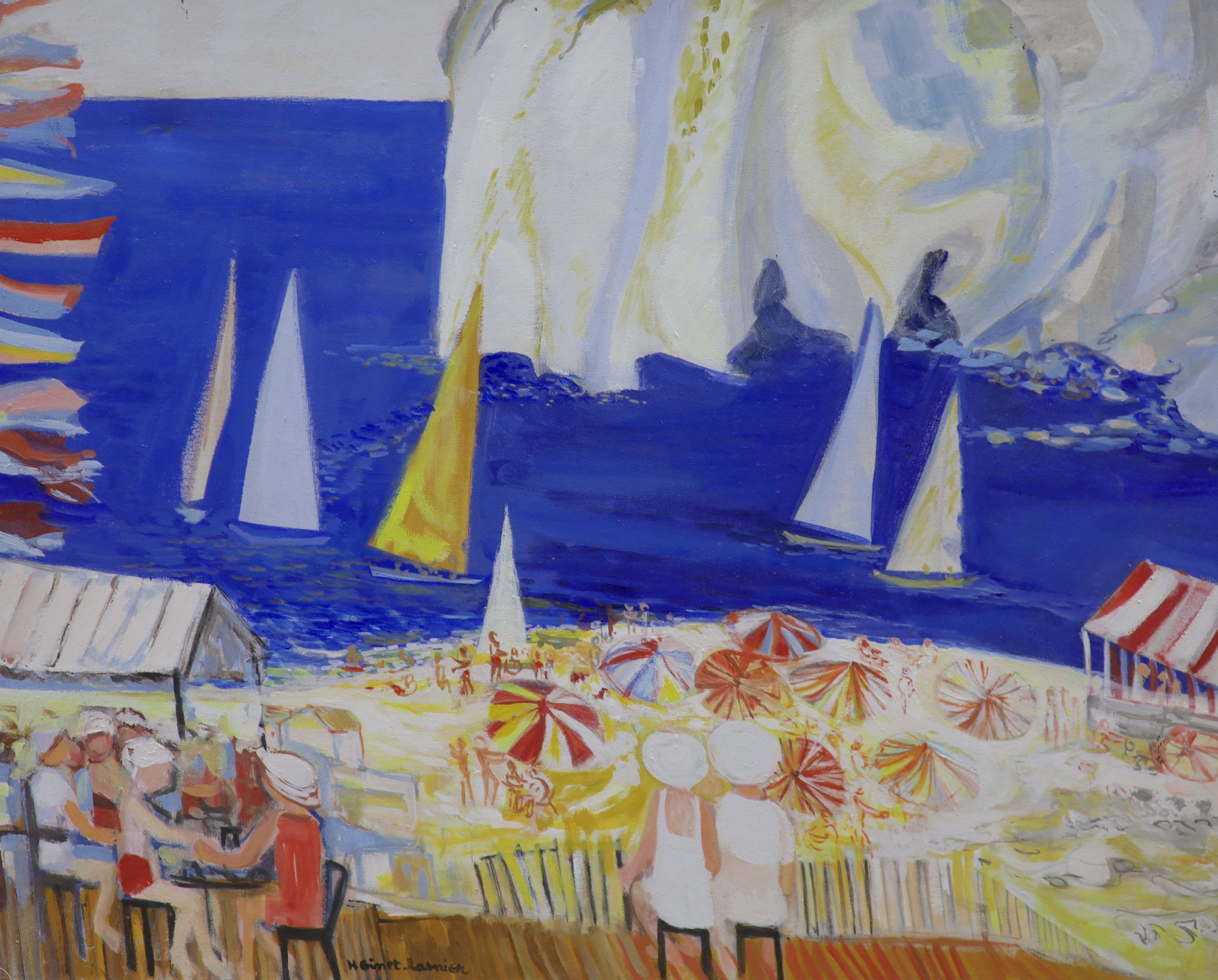 Huguette Ginet Lasnier (French, 1927-2020) Study of a busy beach scene with sailboats and brightly coloured parasols, oil on canvas, 65 x 81 cm